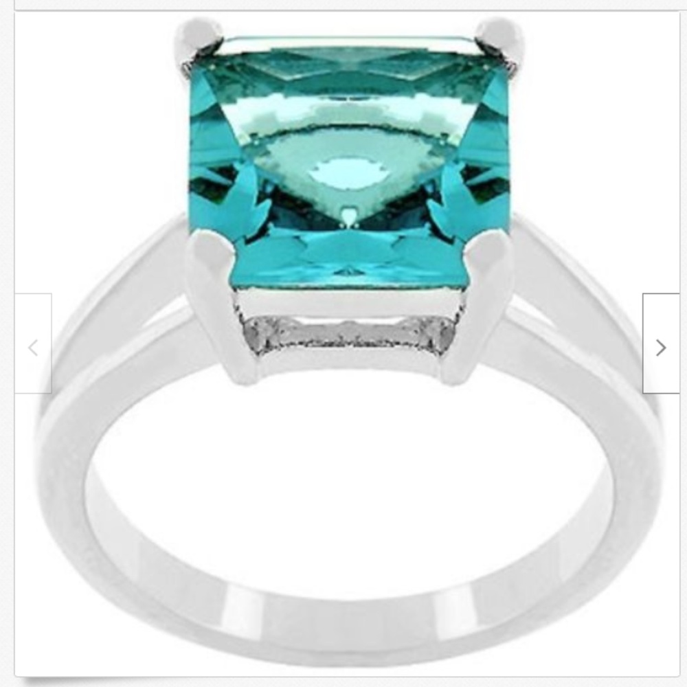 Silver Aqua Blue Topaz Cocktail Ring Size 9 10 Rhodium Plated Princess Cut